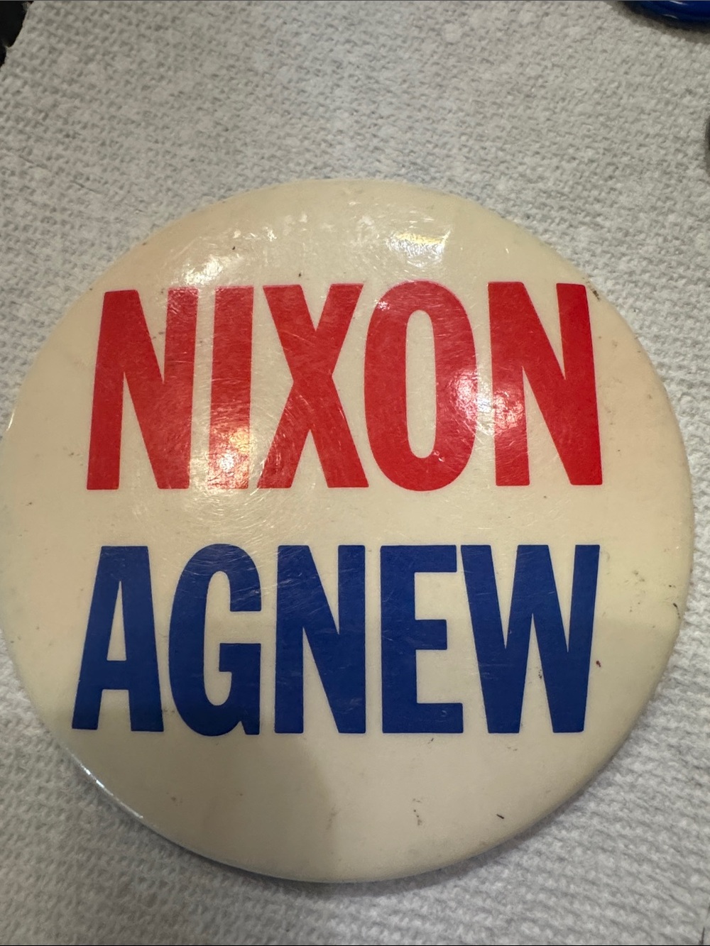 Nixon Agnew Retro Campaign Button — White with Red and Blue Text